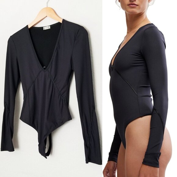 Free People Intimately Victoria Plunge V Neck Bodysuit S Long Sleeves Stretchy - Picture 4 of 15